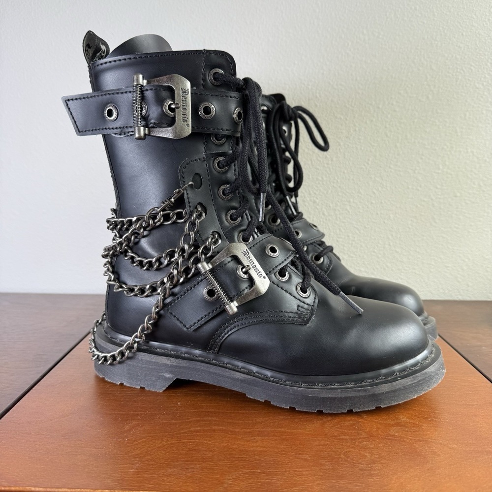 Demonia Bolt 250 Vegan Leather Boots Women 8 Black Chain Grunge Punk Rocker Goth - Picture 1 of 16